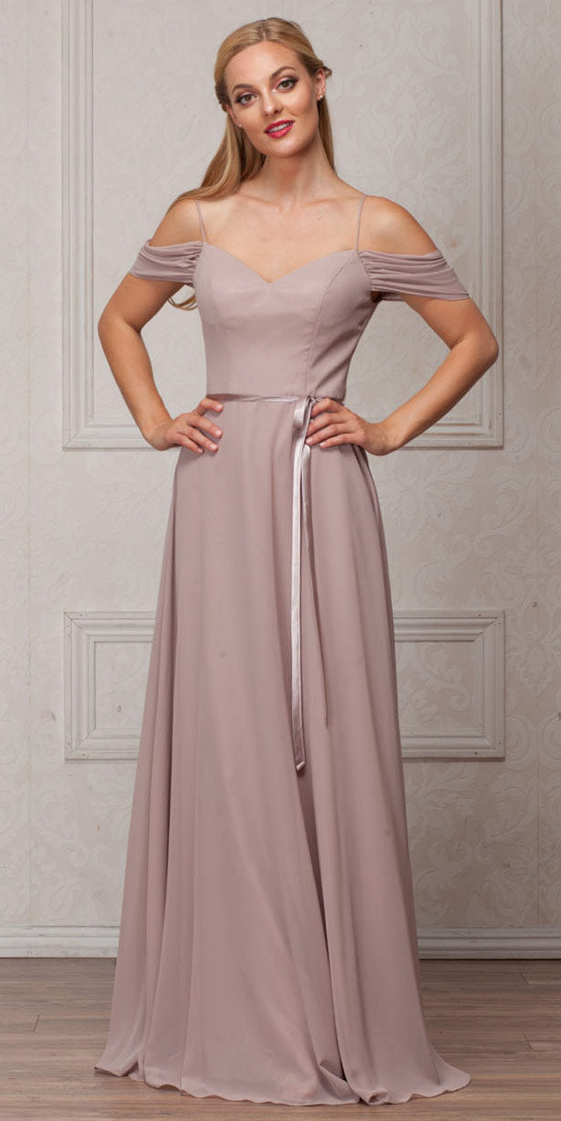 Image of Spaghetti Straps Cold-shoulder Long Bridesmaid Dress in Taupe