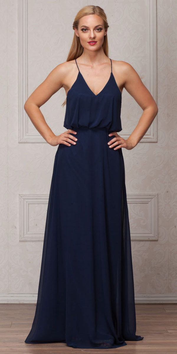 Image of Spaghetti Straps V-neck Blouson Top Long Bridesmaid Dress in Navy