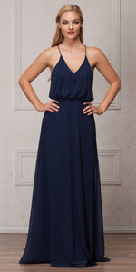Image of Spaghetti Straps V-neck Blouson Top Long Bridesmaid Dress in Navy