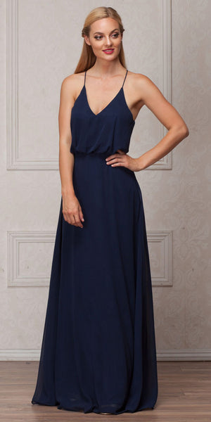 Image of Spaghetti Straps V-neck Blouson Top Long Bridesmaid Dress in Navy