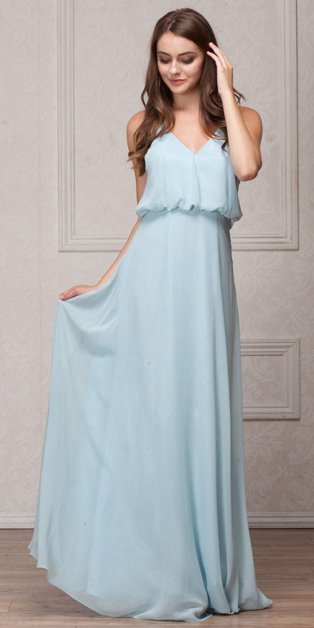 Image of Spaghetti Straps V-neck Blouson Top Long Bridesmaid Dress in Sea Foam