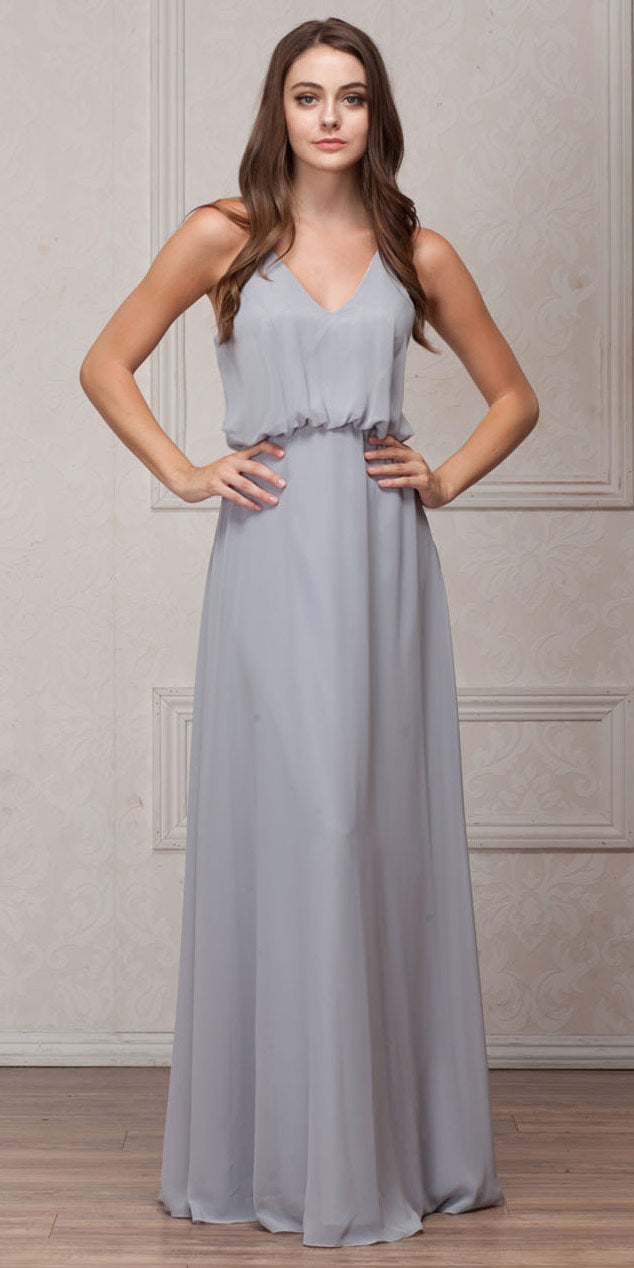 Image of Spaghetti Straps V-neck Blouson Top Long Bridesmaid Dress in Silver