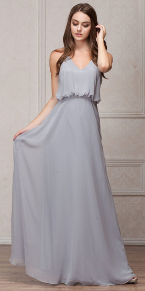 Image of Spaghetti Straps V-neck Blouson Top Long Bridesmaid Dress in Silver