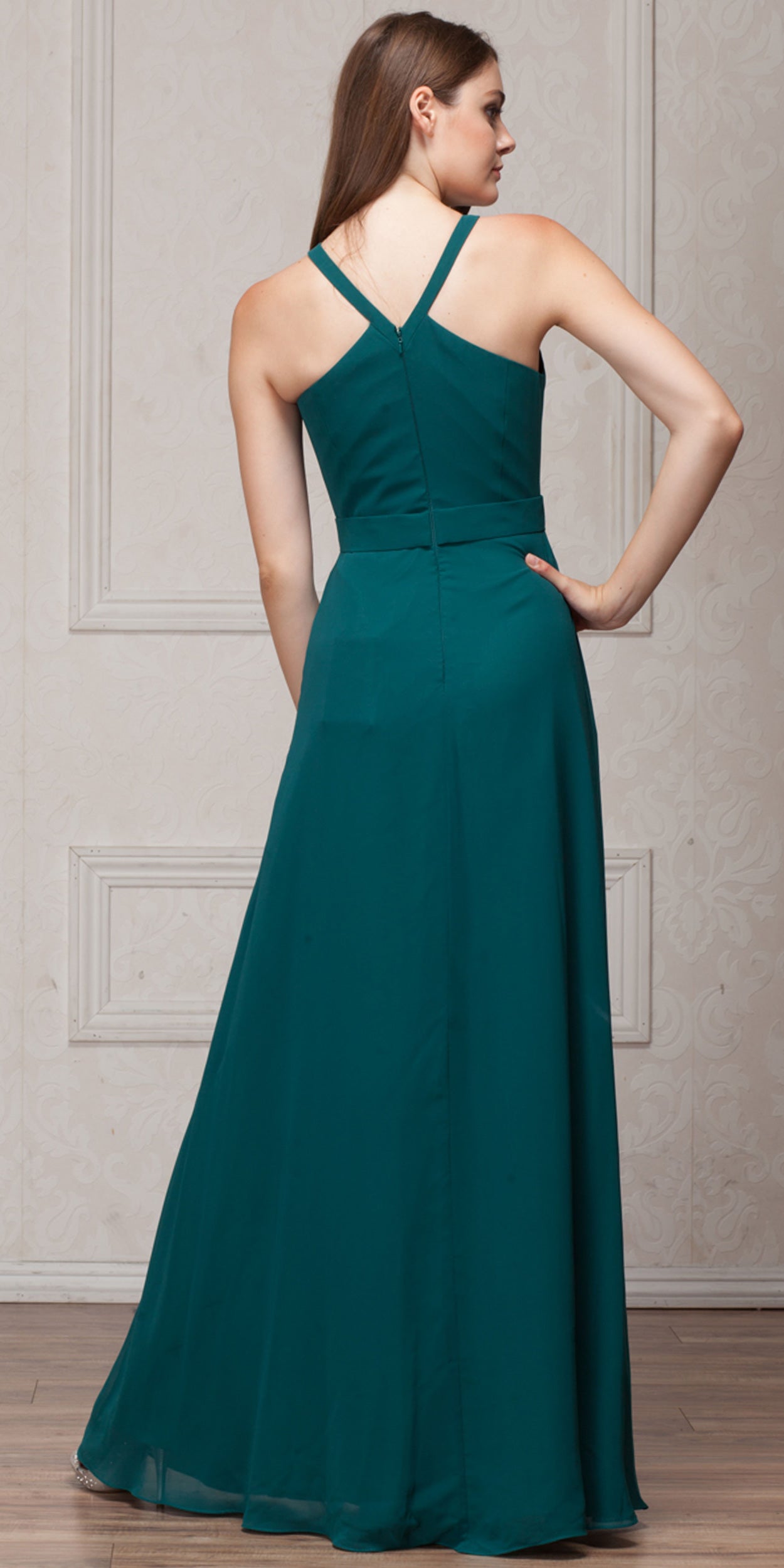 Back image of High Round Neck Princess Cut Long Bridesmaid Dress
