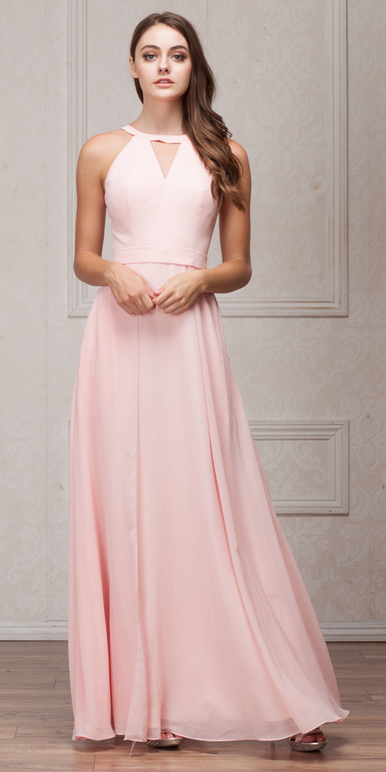 Image of High Round Neck Princess Cut Long Bridesmaid Dress in Blush