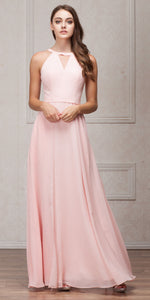 Image of High Round Neck Princess Cut Long Bridesmaid Dress in Blush
