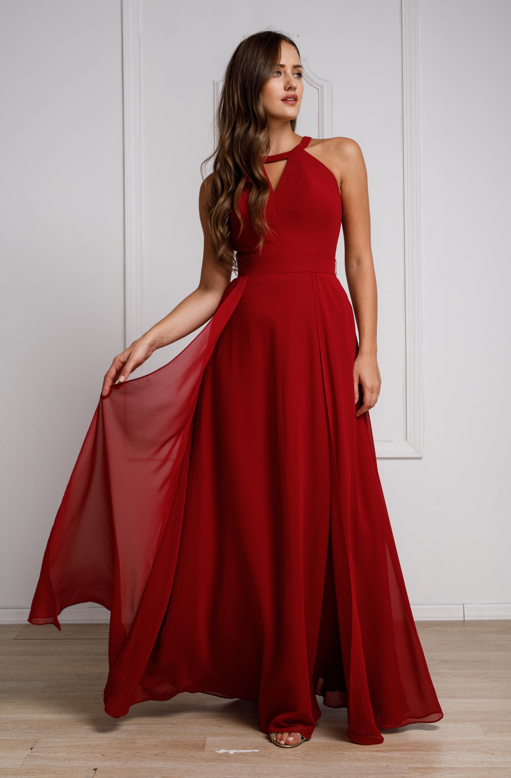 Image of High Round Neck Princess Cut Long Bridesmaid Dress in Burgundy