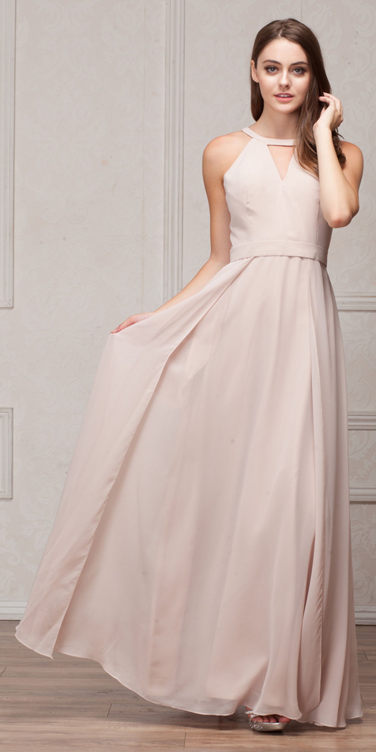 Image of High Round Neck Princess Cut Long Bridesmaid Dress in Champaign