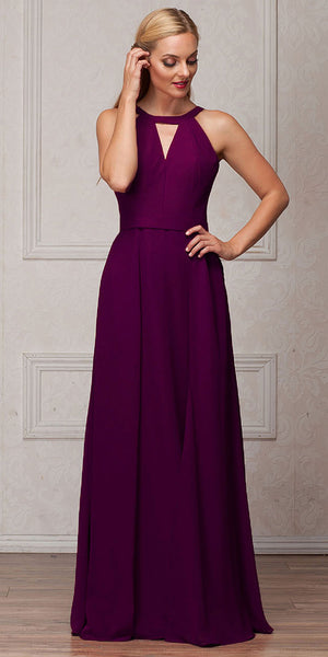 Image of High Round Neck Princess Cut Long Bridesmaid Dress in Eggplant