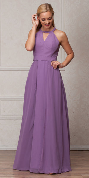 Image of High Round Neck Princess Cut Long Bridesmaid Dress in Lavender