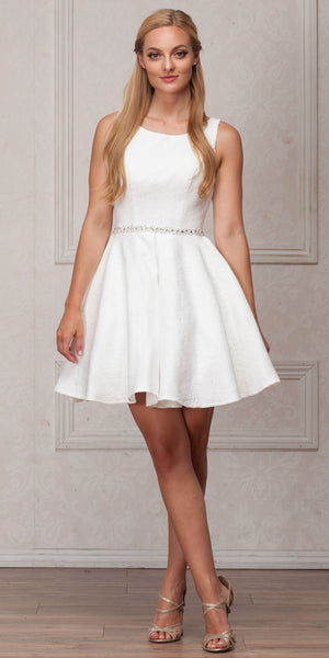 Image of Boat Neck Jewel Waist Pleated Puffy Skirt Short Party Dress in Ivory