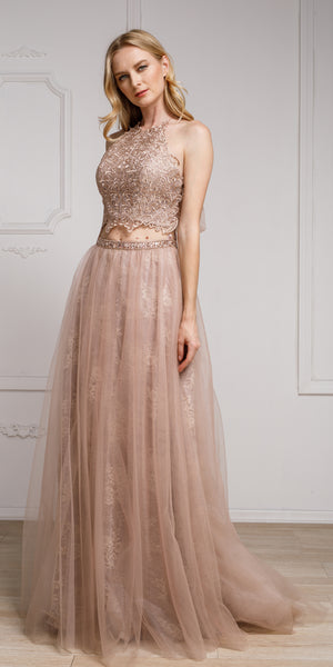 Image of Dazzling Embroidered Two Piece Halter Prom Dress in Mocha