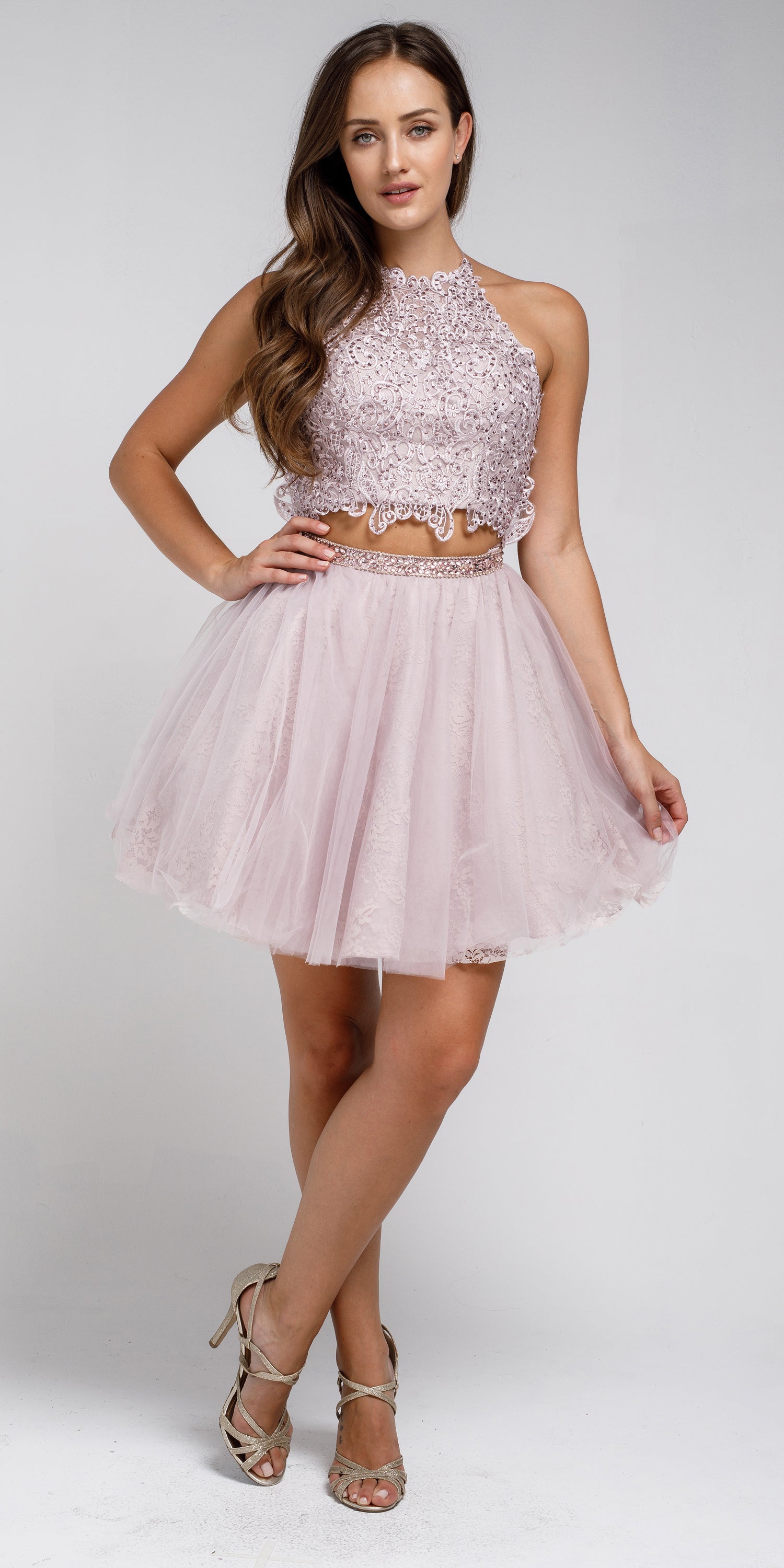 Image of Dazzling Embroidered Two Piece Halter Short Prom Dress in Lavender