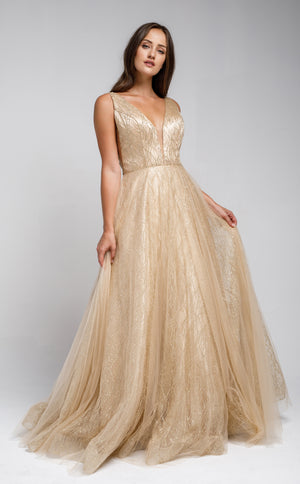 Image of V Neck Vines Pattern Tulle Prom Gown in Champaign