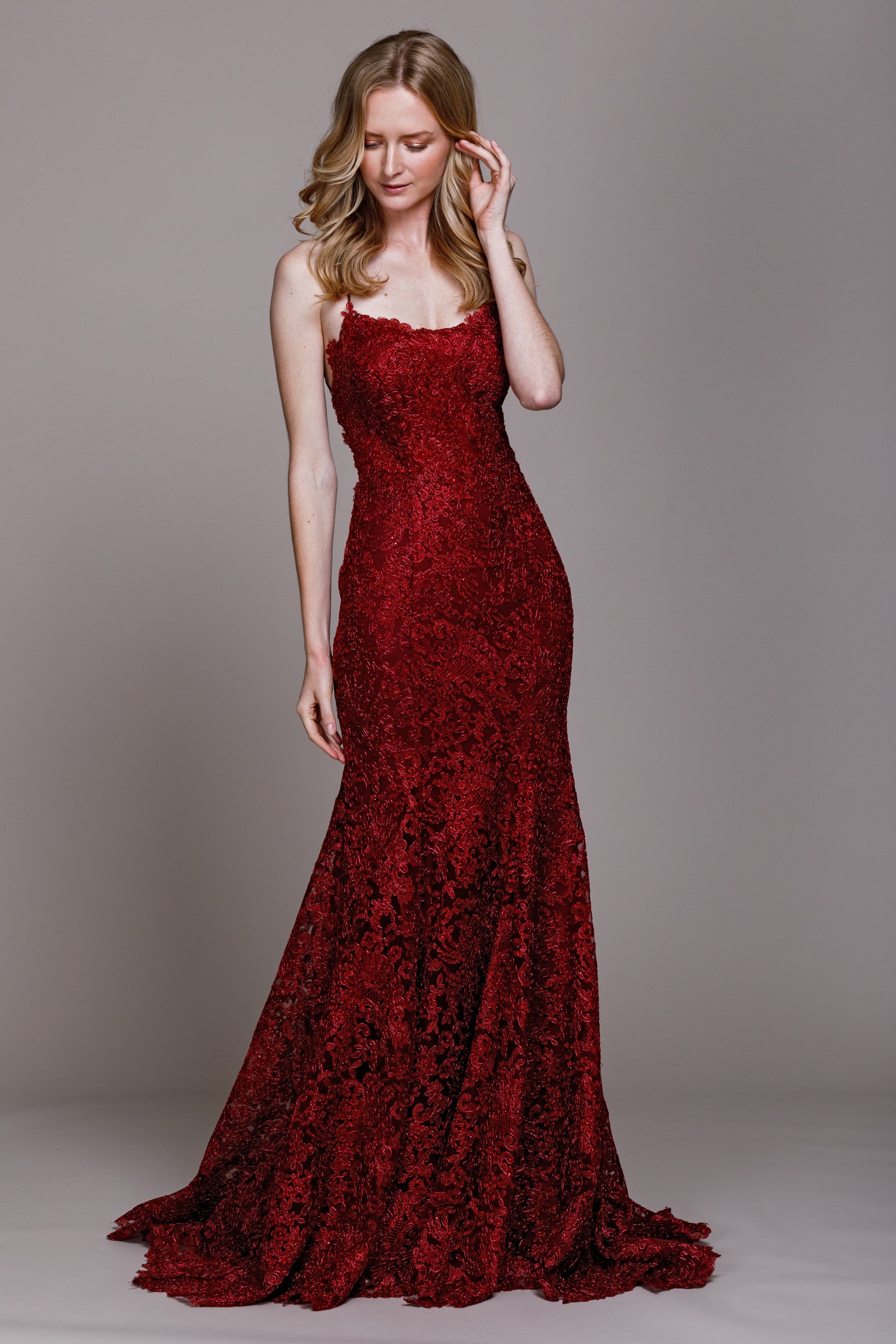 Image of Embroidered Criss-cross Back Fitted Prom Gown in Burgundy