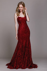 Image of Embroidered Criss-cross Back Fitted Prom Gown in Burgundy