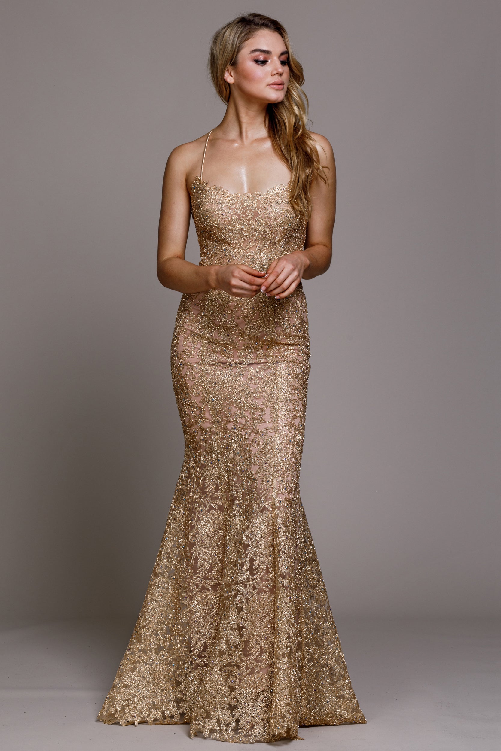 Main image of Embroidered Criss-cross Back Fitted Prom Gown