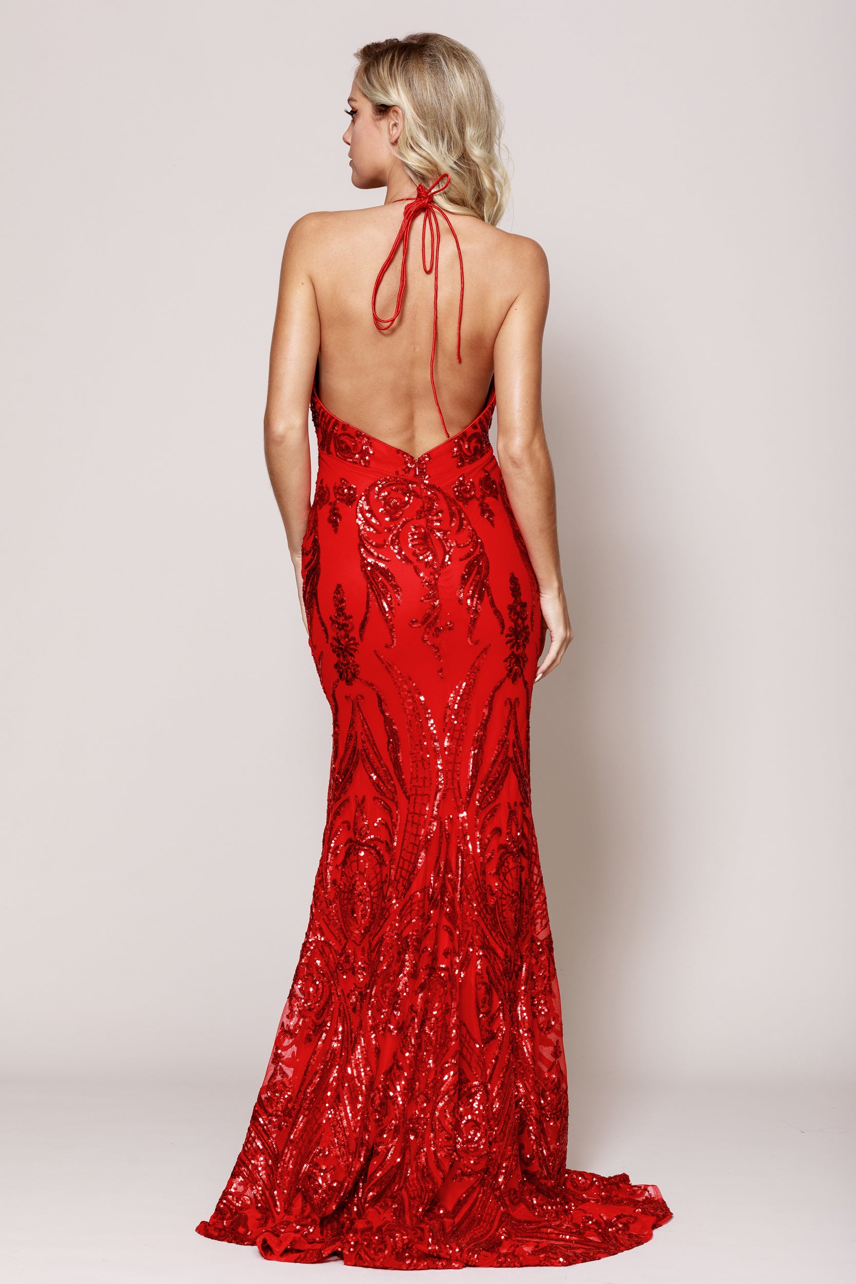 Image of Halter Neck High Slit Prom Gown back in Red