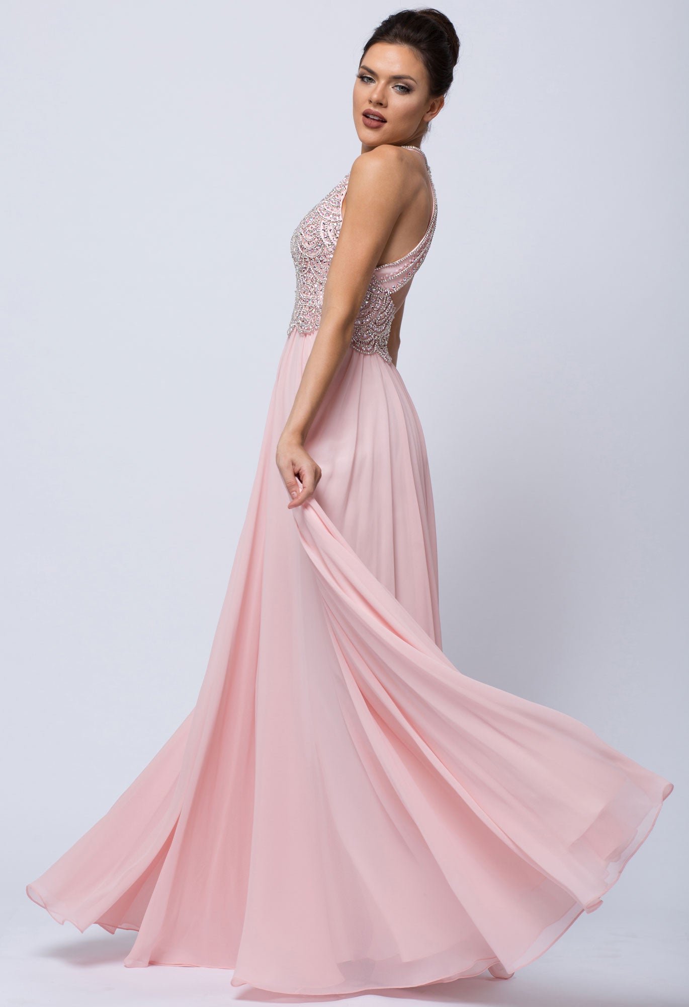 Back image of Sleeveless Beaded Prom Dress With High Neckline