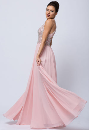 Back image of Sleeveless Beaded Prom Dress With High Neckline
