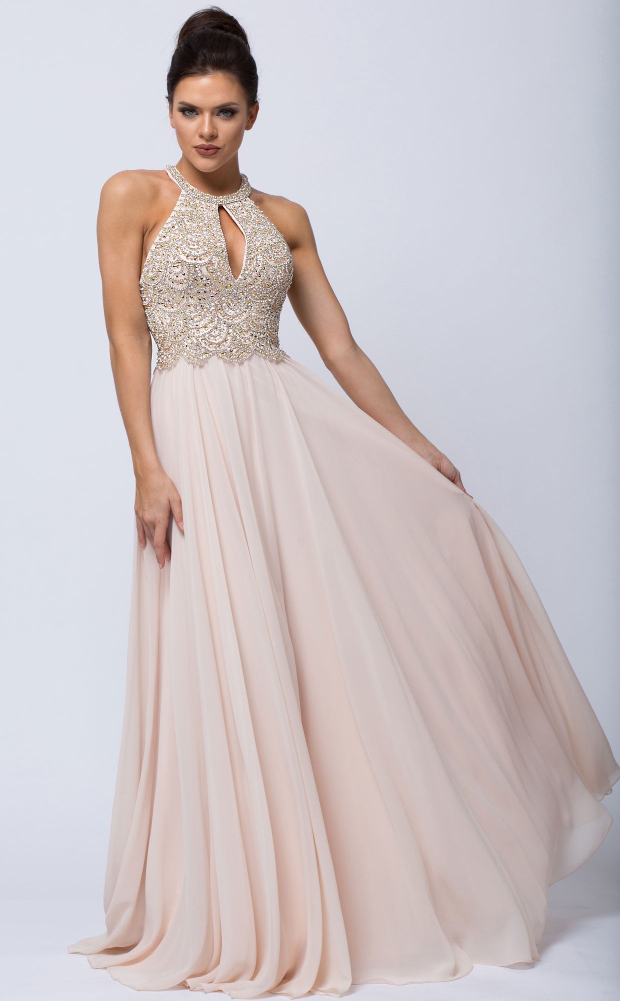 Image of Sleeveless Beaded Prom Dress With High Neckline in Champaign