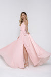 Main image of V-neck Rhinestones Belt Front Slit Long Bridesmaid Dress