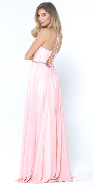 Back image of V-neck Rhinestones Belt Front Slit Long Bridesmaid Dress