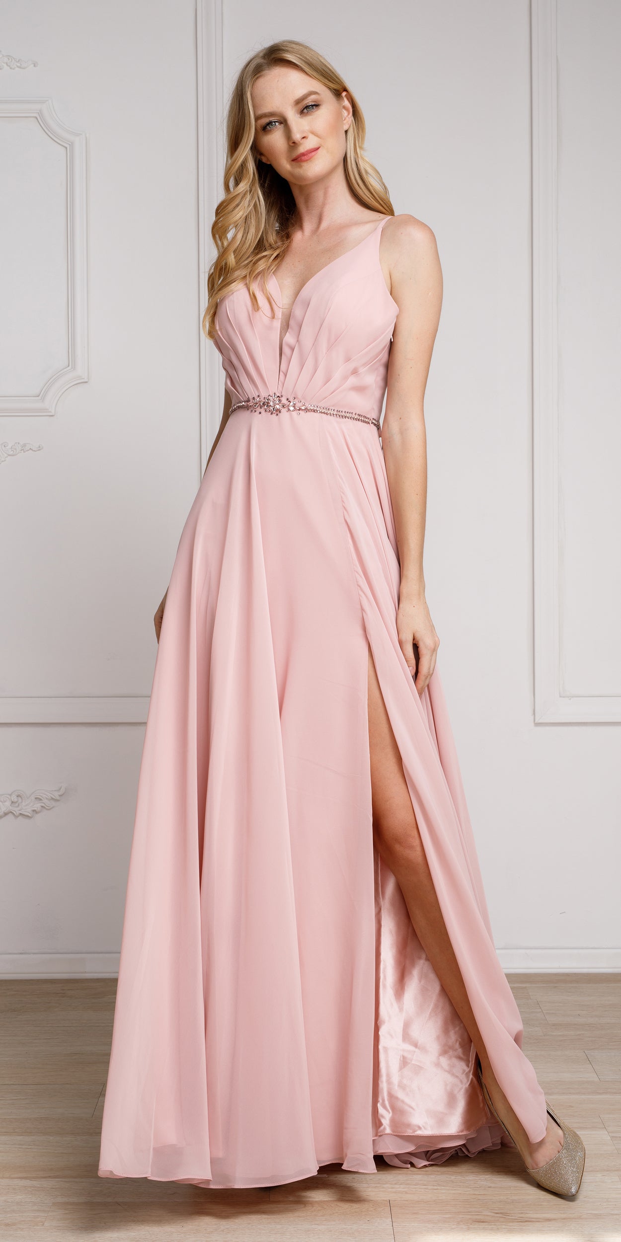 Image of V-neck Rhinestones Belt Front Slit Long Bridesmaid Dress in Rose