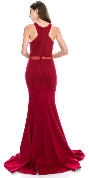 Back image of Mesh Neckline & Waist Solid Floor Length Formal Prom Dress