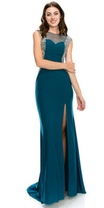 Main image of Boat Neck Bejeweled Sides Long Formal Prom Dress