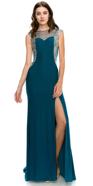 Image of Boat Neck Bejeweled Sides Long Formal Prom Dress in an alternative image