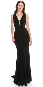 Image of V-neck Sequins Accent Fitted Long Formal Evening Dress in Black