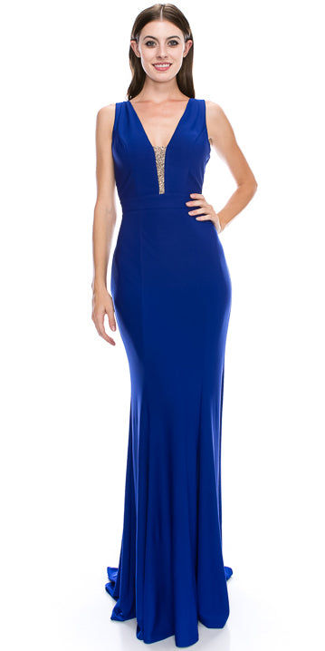 Image of V-neck Sequins Accent Fitted Long Formal Evening Dress in Royal Blue
