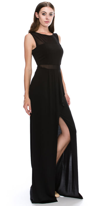 Image of Round Neck Sleeveless Sheer Neck & Waist Long Formal Dress in Black