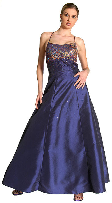 Main image of Criss Crossed Brocade Beaded Formal Prom Dress