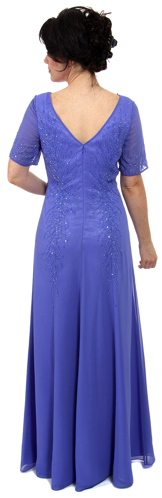 Back image of Sheer Short Sleeved Beaded Long Formal Gown