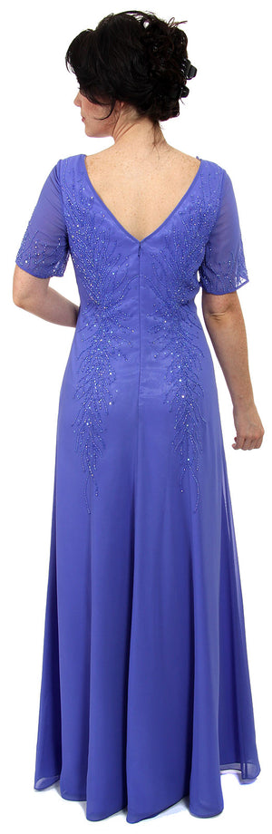 Back image of Sheer Short Sleeved Beaded Long Formal Gown