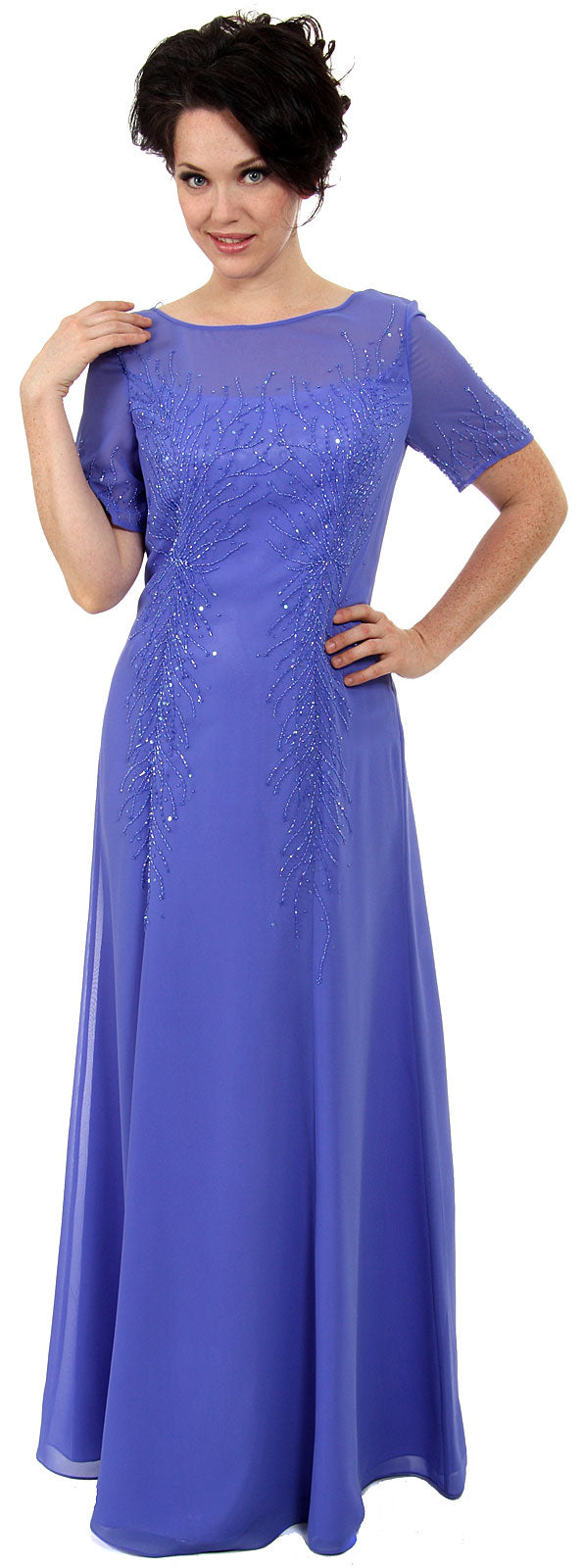Main image of Sheer Short Sleeved Beaded Long Formal Gown