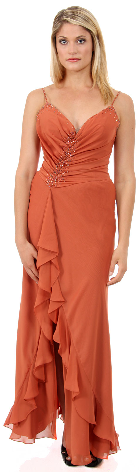 Main image of Shirred And Beaded Ruffled Long Prom Dress With Slit
