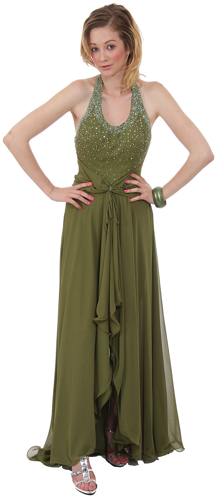 Main image of Beaded Halter Formal Prom Dress With Shirrs And Ruffles