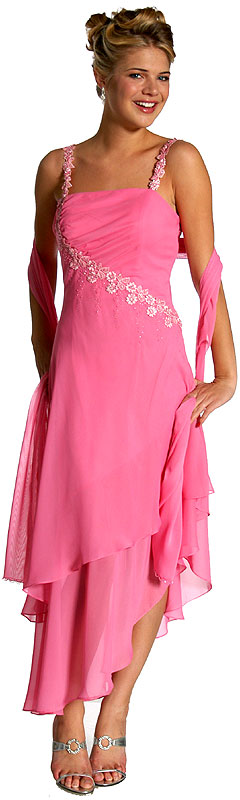 Image of Floral Pink Asymmetric Layered Prom Dress in Pink