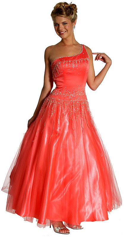 Image of Single Shoulder & Silver Beaded Prom Dress in Watermelon color