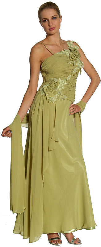 Image of Asymmetric Top Floral And Sheered Formal  dress in Green