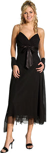 Image of Spaghetti Straps Satin Bow Tea Length Cocktail Party Dress in Black