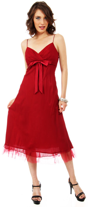 Main image of Spaghetti Straps Satin Bow Tea Length Cocktail Party Dress