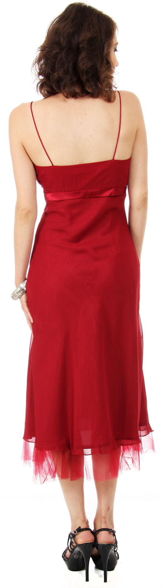 Back image of Spaghetti Straps Satin Bow Tea Length Cocktail Party Dress