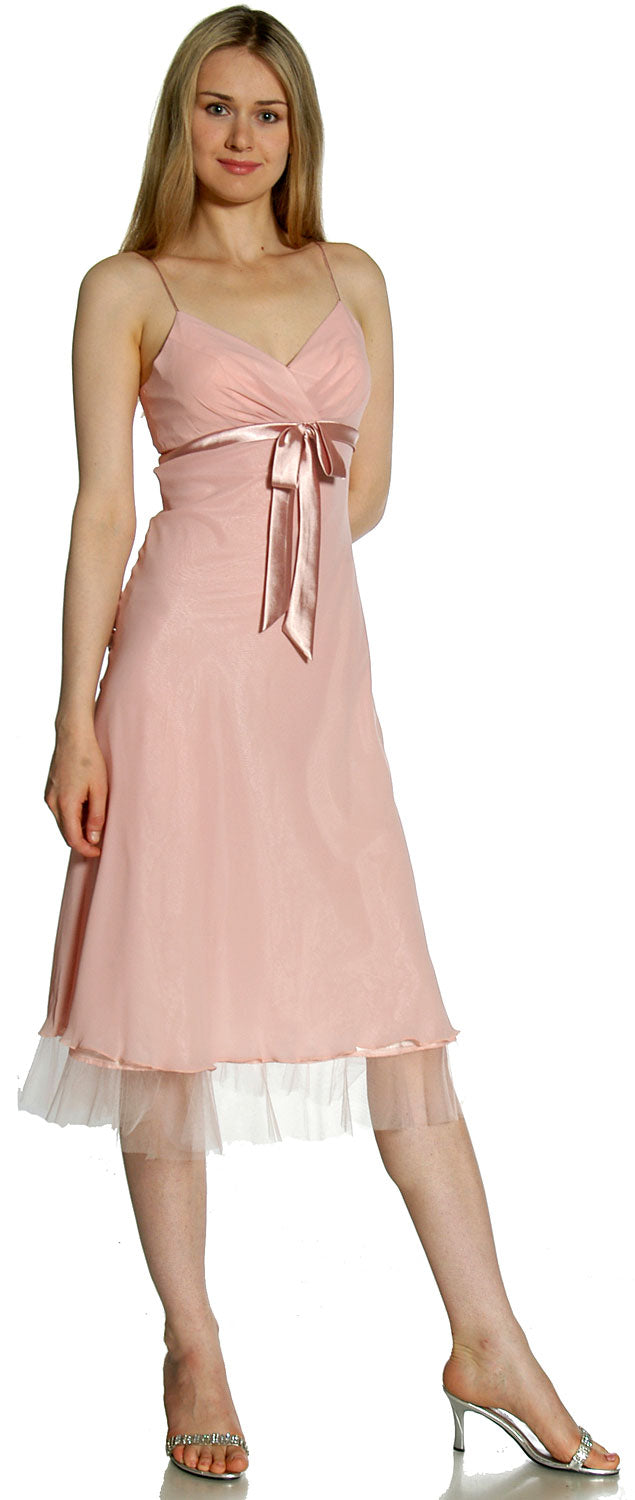 Image of Spaghetti Straps Satin Bow Tea Length Cocktail Party Dress in Dusty Rose