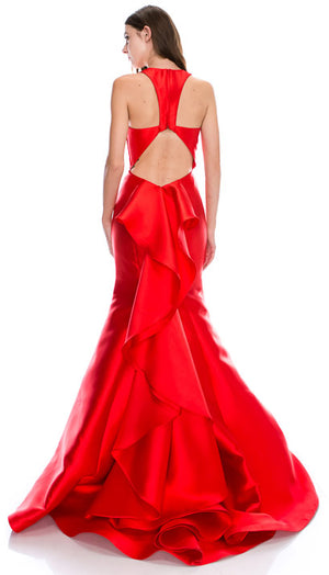 Back image of Halter Neck Ruffled Back Floor Length Prom Pageant Dress