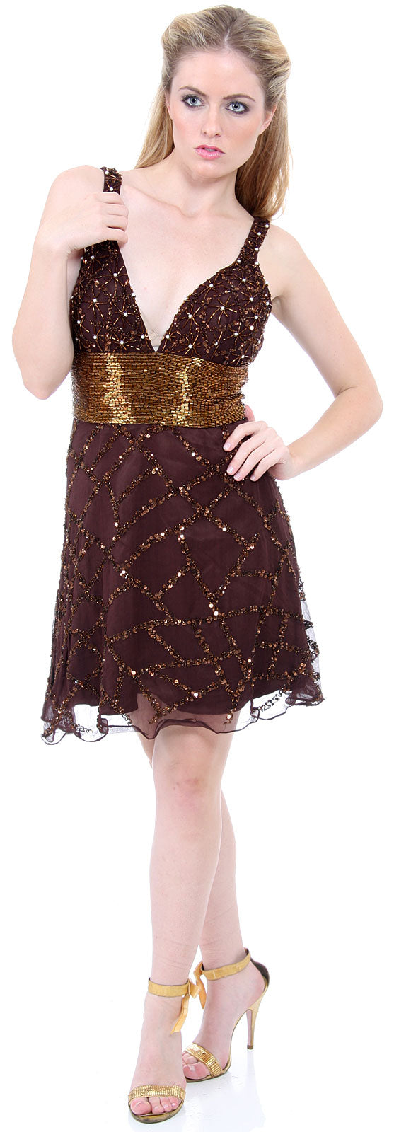 Image of Fully Beaded V-neck Short Dress in Bronze color