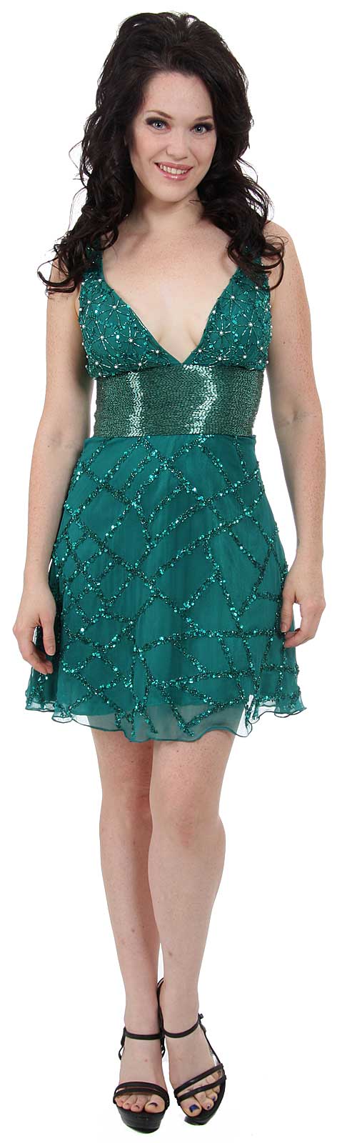 Image of Fully Beaded V-neck Short Dress in Jade Green